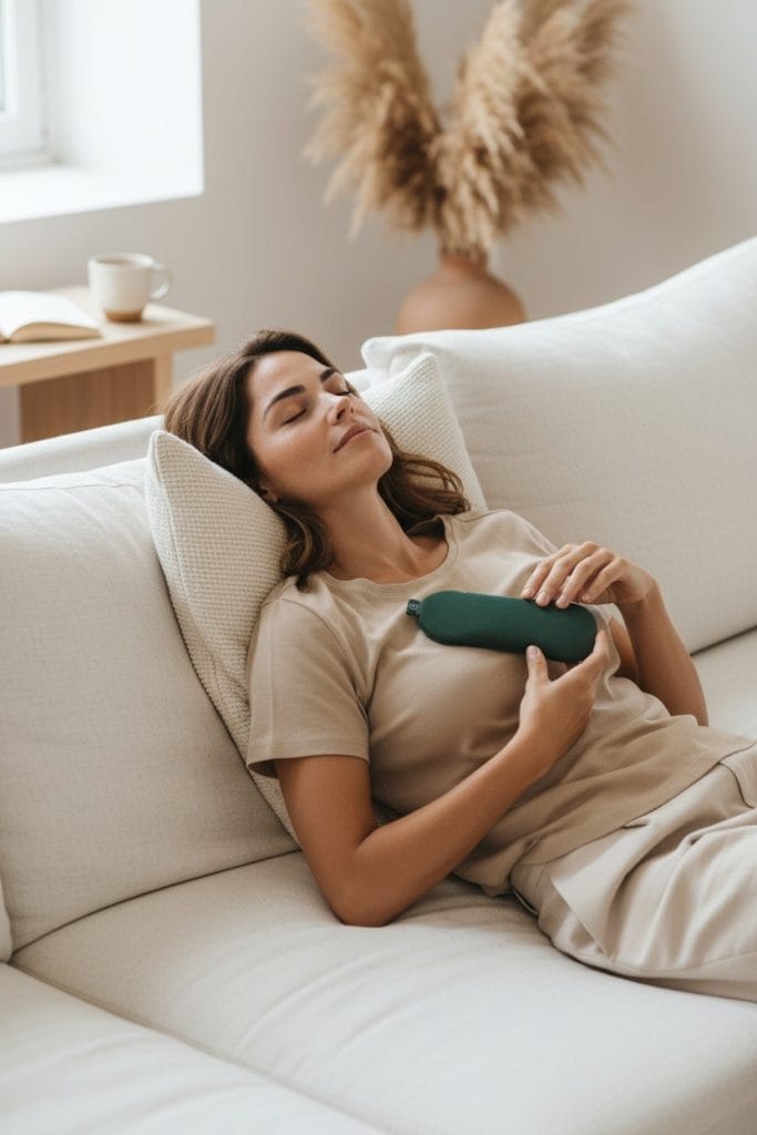 Femme utilisant une poche de froid Naturaciel dotée d'une housse réversible lavable conçue pour améliorer le confort lors de l'application