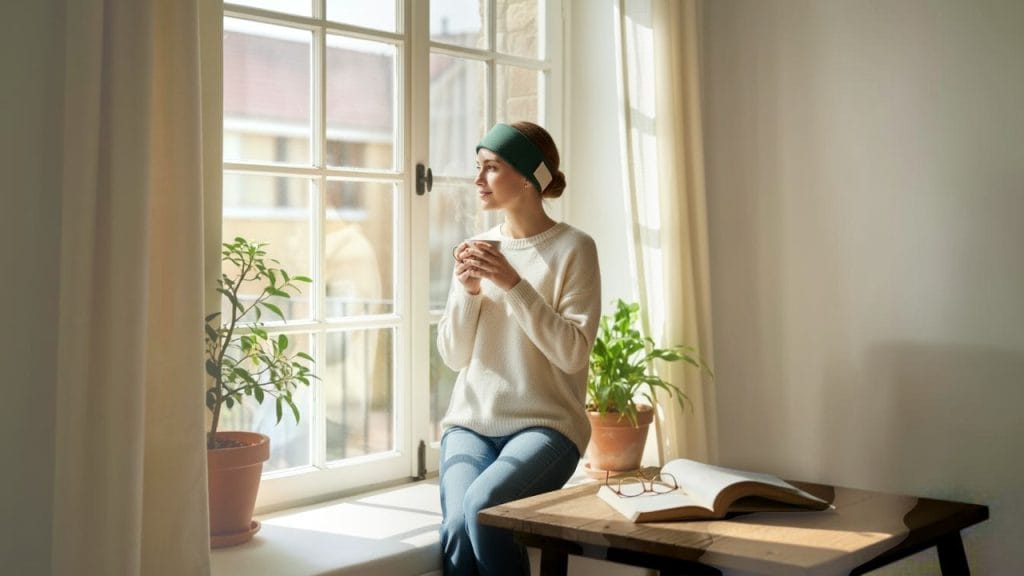 Femme portant un bandeau froid sur le front dans un intérieur lumineux