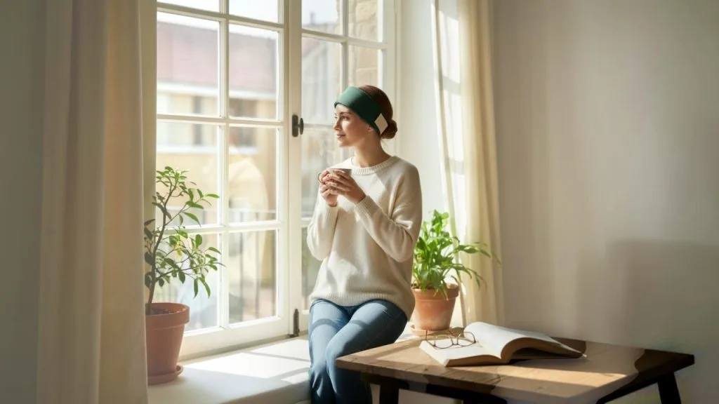 Femme portant un bandeau froid sur le front dans un intérieur lumineux