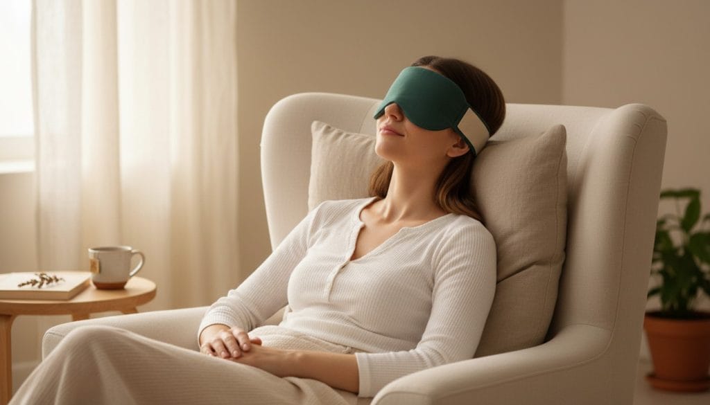 Femme portant un masque oculaire froid pendant un moment de repos