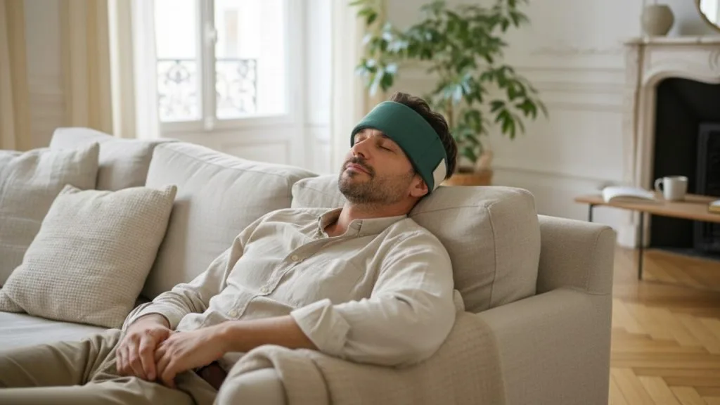 Homme portant un bandeau froid sur le front et les tempes pendant un moment de repos