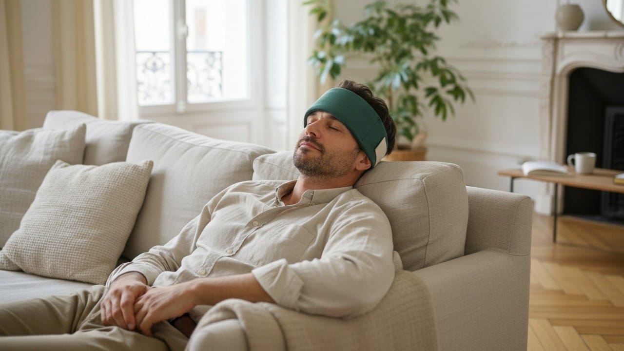 Homme portant un bandeau froid sur le front et les tempes pendant un moment de repos