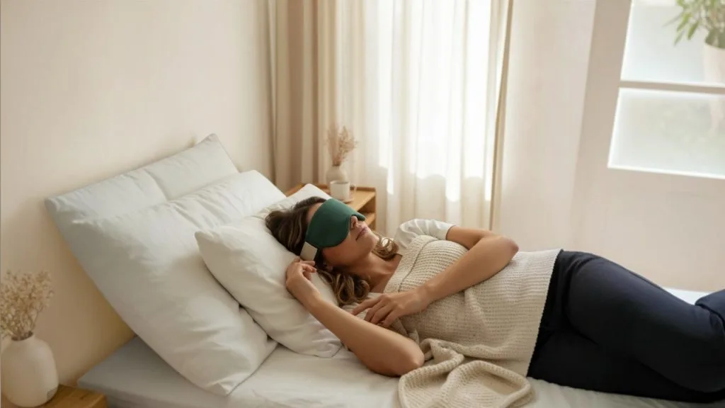 Femme allongée portant un masque oculaire chaud/froid pendant un moment de repos