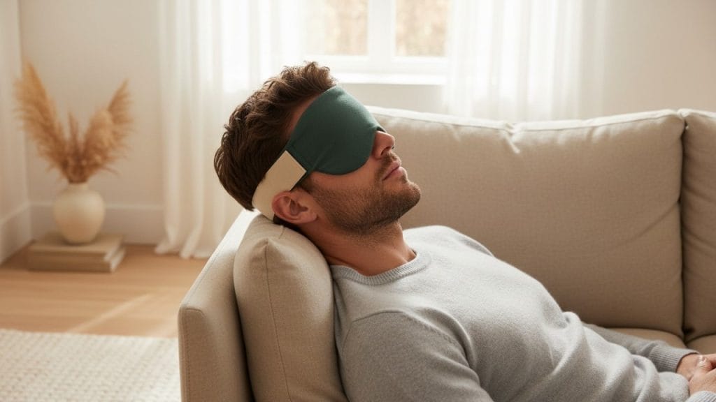 Homme portant un masque oculaire chaud/froid après une journée devant les écrans