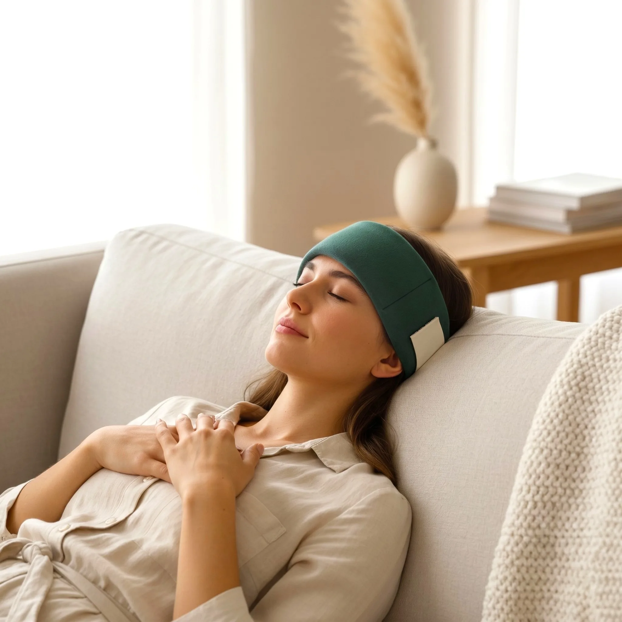 Femme portant le bandeau migraine froid Naturaciel pendant un moment de repos