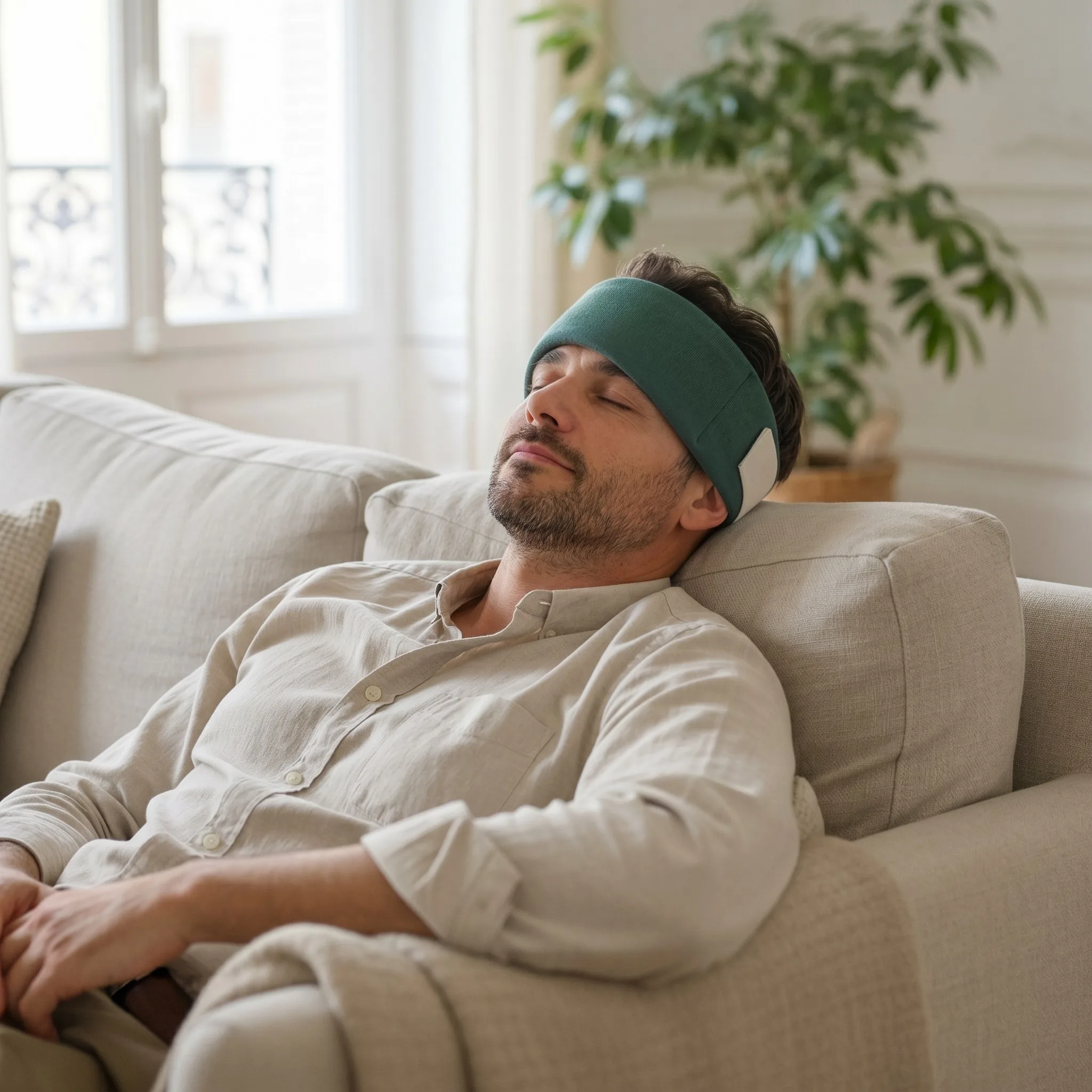 Bandeau froid pour migraine Naturaciel positionné sur le front et les tempes d’un homme