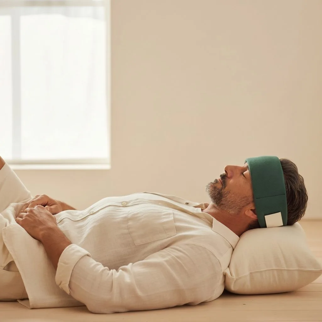 Homme portant le bandeau migraine froid Naturaciel pendant un moment de repos