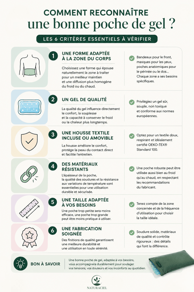 Infographie des 6 critères pour choisir une poche de gel réutilisable de qualité